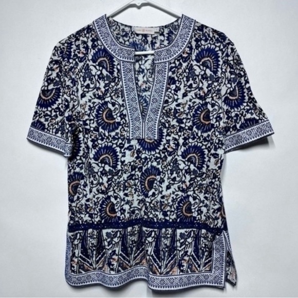 Tory Burch Brinda Print Linen V Neck Tunic Top S - Picture 3 of 10